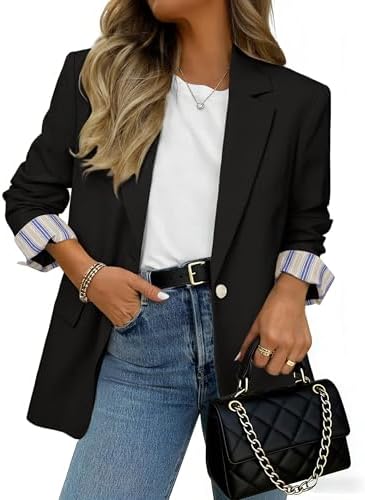 Striped cuff one button blazer in Black