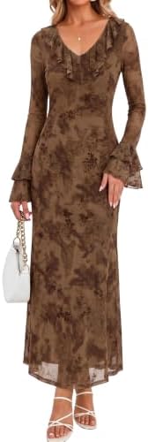 Brown belted A-line office dress in Brown