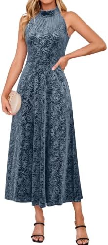 Embossed rose velvet halter maxi in Grey Blue