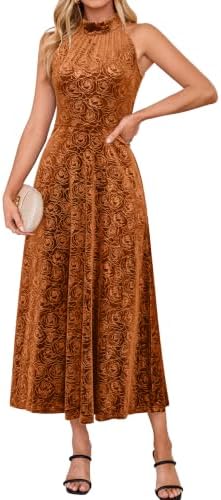 Embossed rose velvet halter maxi in Orange Brown