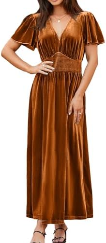 Velvet flutter sleeve maxi dress in Burnt Orange