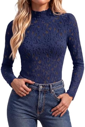 Navy lace mock neck sheer blouse in Navy