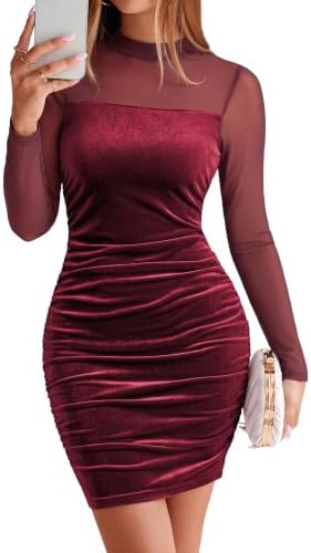 Mock neck mesh bodycon mini in Burgundy Red