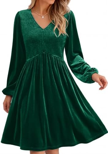 Smocked waist velvet mini dress in Green