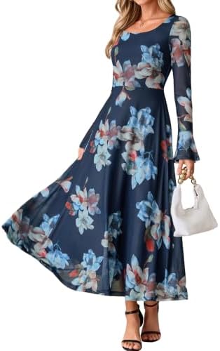 Square neck mesh maxi with flared cuffs in Navy Blue