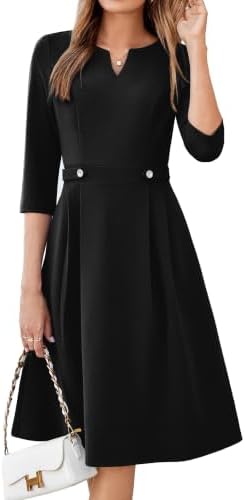 Notched V neck office dress in Black
