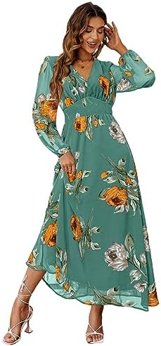 Boho floral long sleeve maxi dress in Lake Green