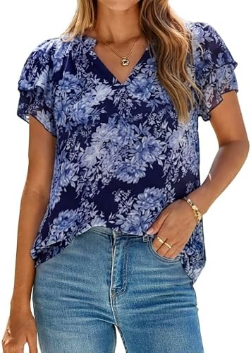 Navy floral petal sleeve chiffon blouse in Navy Floral