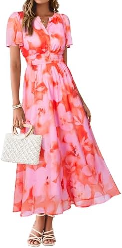 Short sleeve chiffon summer floral maxi in Pink Orange Floral