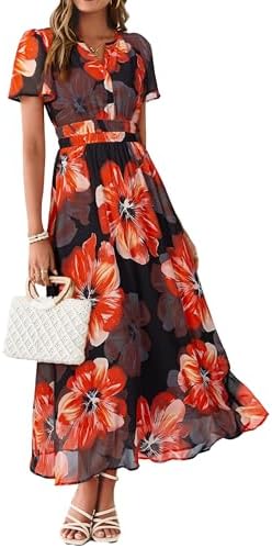 Short sleeve chiffon summer floral maxi in Black Red Floral