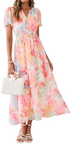 Short sleeve chiffon summer floral maxi in Red Yellow Floral