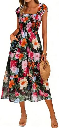 Square neck floral chiffon midi in Black Floral