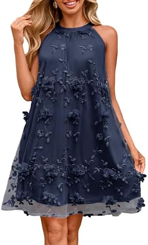 Halter tulle mini with 3D flowers in Navy Blue