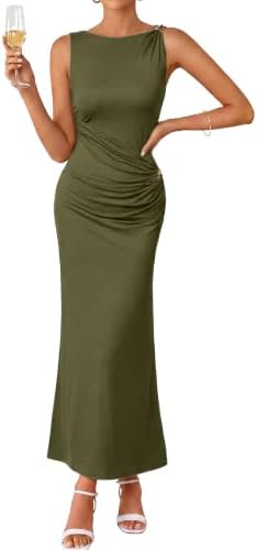 Ribbed ruched bodycon maxi dress in Army Green