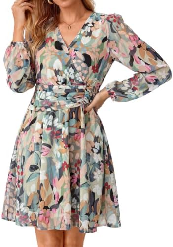 Faux wrap chiffon floral mini in Green Pink Floral