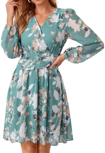 Faux wrap chiffon floral mini in Green White Floral