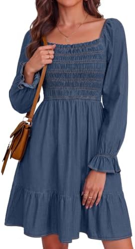 Square neck smocked denim dress in Dark Blue