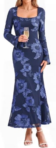 Embroidered mesh bell sleeve maxi in Navy Blue
