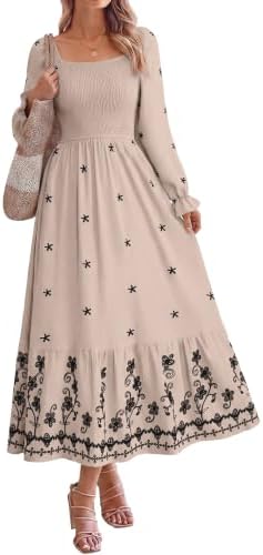 Square neck embroidered boho maxi in Beige