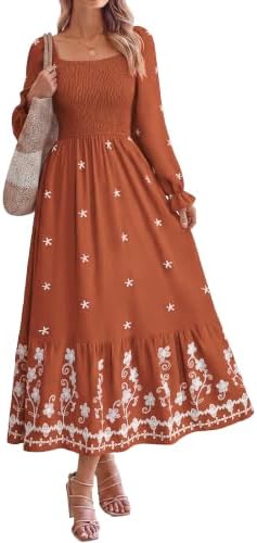 Square neck embroidered boho maxi in Burnt Orange