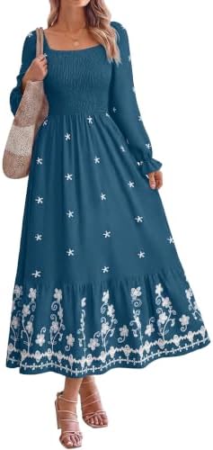 Square neck embroidered boho maxi in Ink Blue