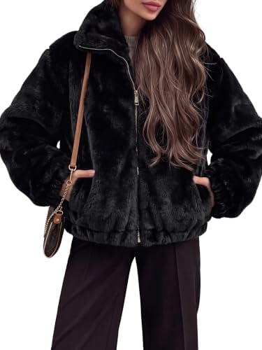Zip up faux fur coat in Black