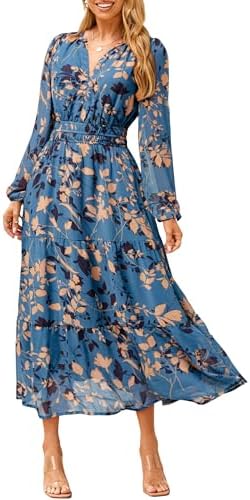 Lined puff sleeve floral swing maxi in Dusty Blue Floral
