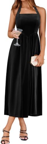 Halter tie back velvet maxi in Black