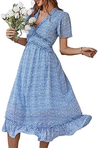Ruffled floral wrap-neck midi in Blue