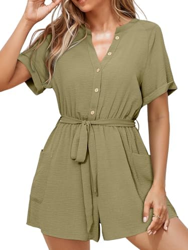 Button down belted romper in Army Green