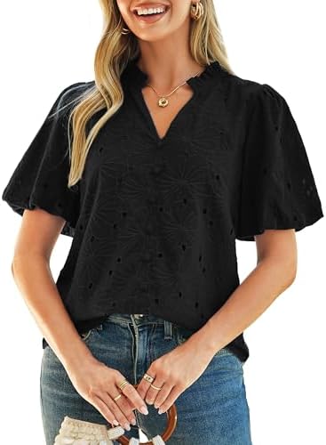 Eyelet puff sleeve boho blouse in Black