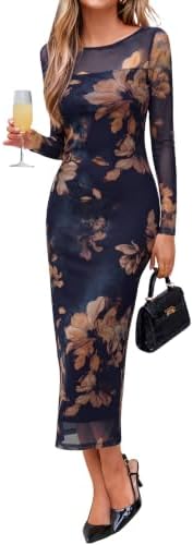 Long sleeve mesh bodycon maxi in Navy Brown Floral