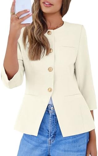 Collarless gold button peplum blazer in Off White