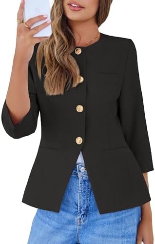Collarless gold button peplum blazer in Black