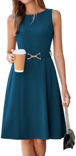 Belted boat neck work dress in Teal Blue