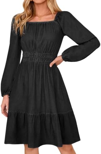 Smocked waist denim ruffle dress in Black
