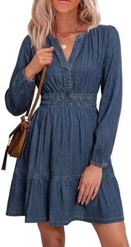 Notched V neck denim tiered dress in Denim Deep Blue