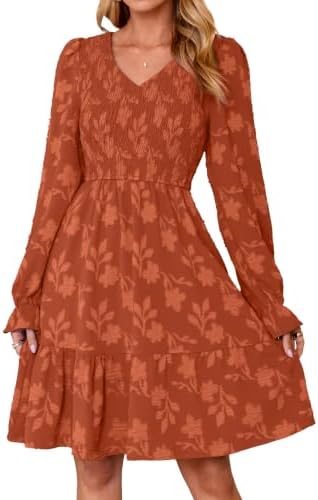 Smocked bodice floral-texture mini in Burnt Orange
