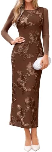 Corded embroidery mesh bodycon dress in Brown