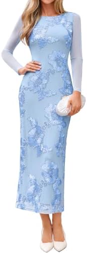 Corded embroidery mesh bodycon dress in Light Blue