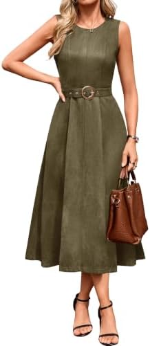 Belted faux suede A-line midi in Army Green
