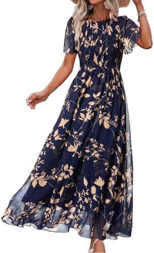 Smocked chiffon maxi dress in Navy Leaf 2