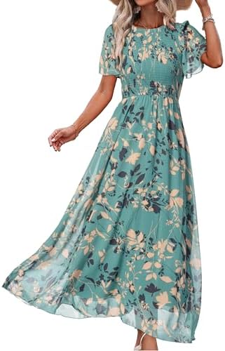 Smocked chiffon maxi dress in Lake Blue
