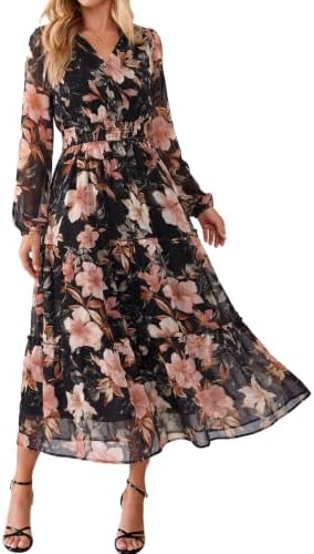 Button front ruffle neck chiffon maxi in Black Floral