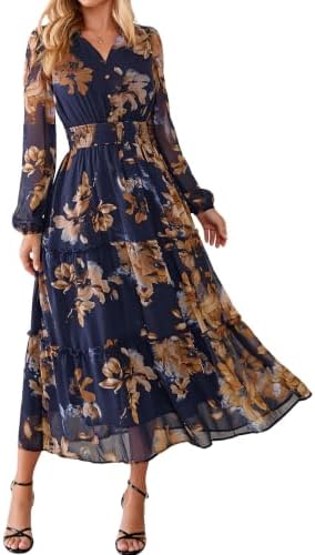 Button front ruffle neck chiffon maxi in Blue Yellow Floral