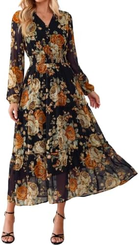 Button front ruffle neck chiffon maxi in Dark Blue Floral