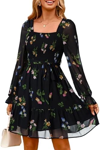 Square neck smocked black floral mini in Black Floral