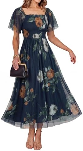 Square neck smocked mesh maxi in Rose Floral Navy Blue