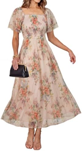 Square neck smocked mesh maxi in Floral Beige Orange