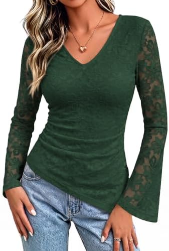 Dark green lace bell sleeve top in Dark Green Lace
